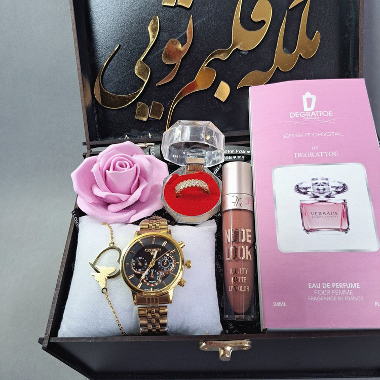 باکس پرفروش چوبی زنانه عاشقانه ملکه قلبم تویی ساعت سیتیزن vip طلایی ادکلن گارانتی