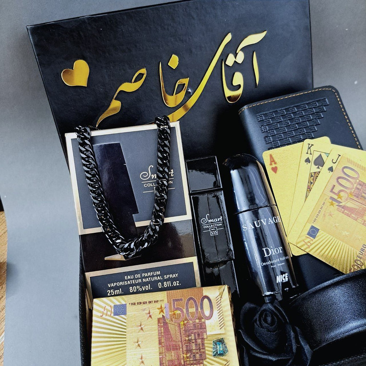 باکس مردانه مشکی جذاب روز مرد پاسور یورو مشکی طلایی ادکلم بد بوی