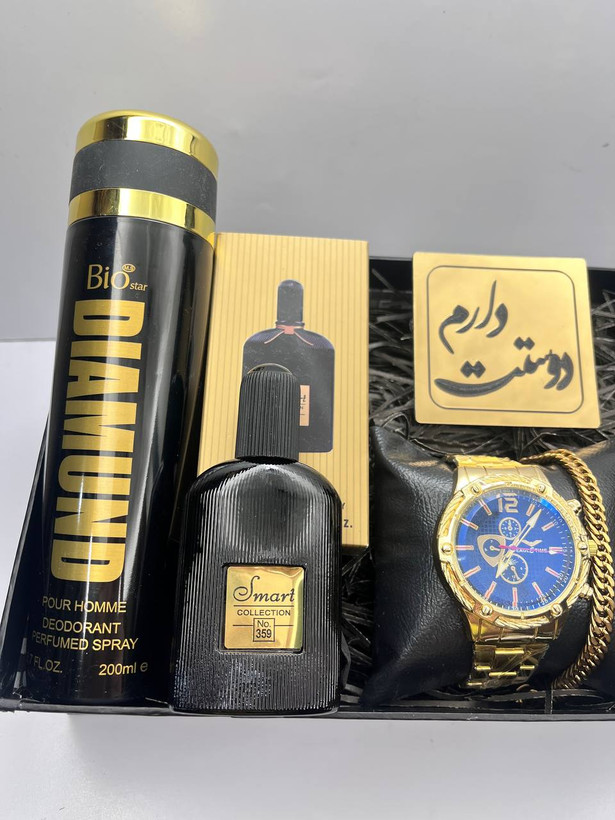 باکس ولنتاین مردانه ست ساعت و اسپری و ادکلن شکلات مشکی طلایی خاص