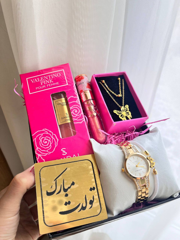 باکس هدیه تولد زنانه ادکلن زنانه ساعت نگین دار باکس خوشگل و شیک هدیه