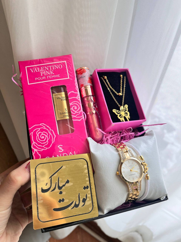 باکس هدیه تولد زنانه ادکلن زنانه ساعت نگین دار باکس خوشگل و شیک هدیه