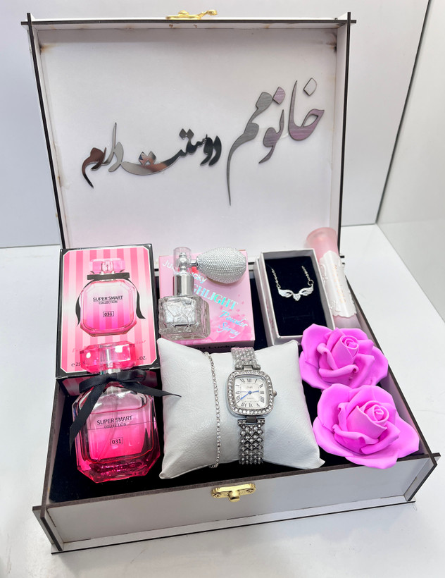 باکس هدیه زنانه لوکس روز دختر ساعت نقره ای نگین دار دخترانه پک خوشگل دوستت دارم